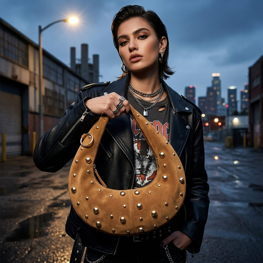 Fame Dome Studded Chrome Crescent Hand Bag Trendsi Handbag