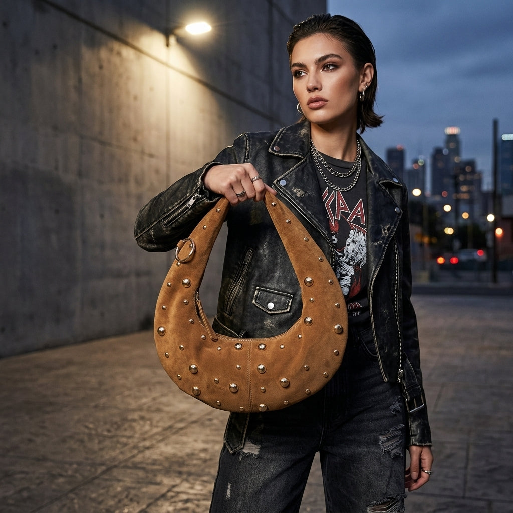 Fame Dome Studded Chrome Crescent Hand Bag Trendsi Handbag