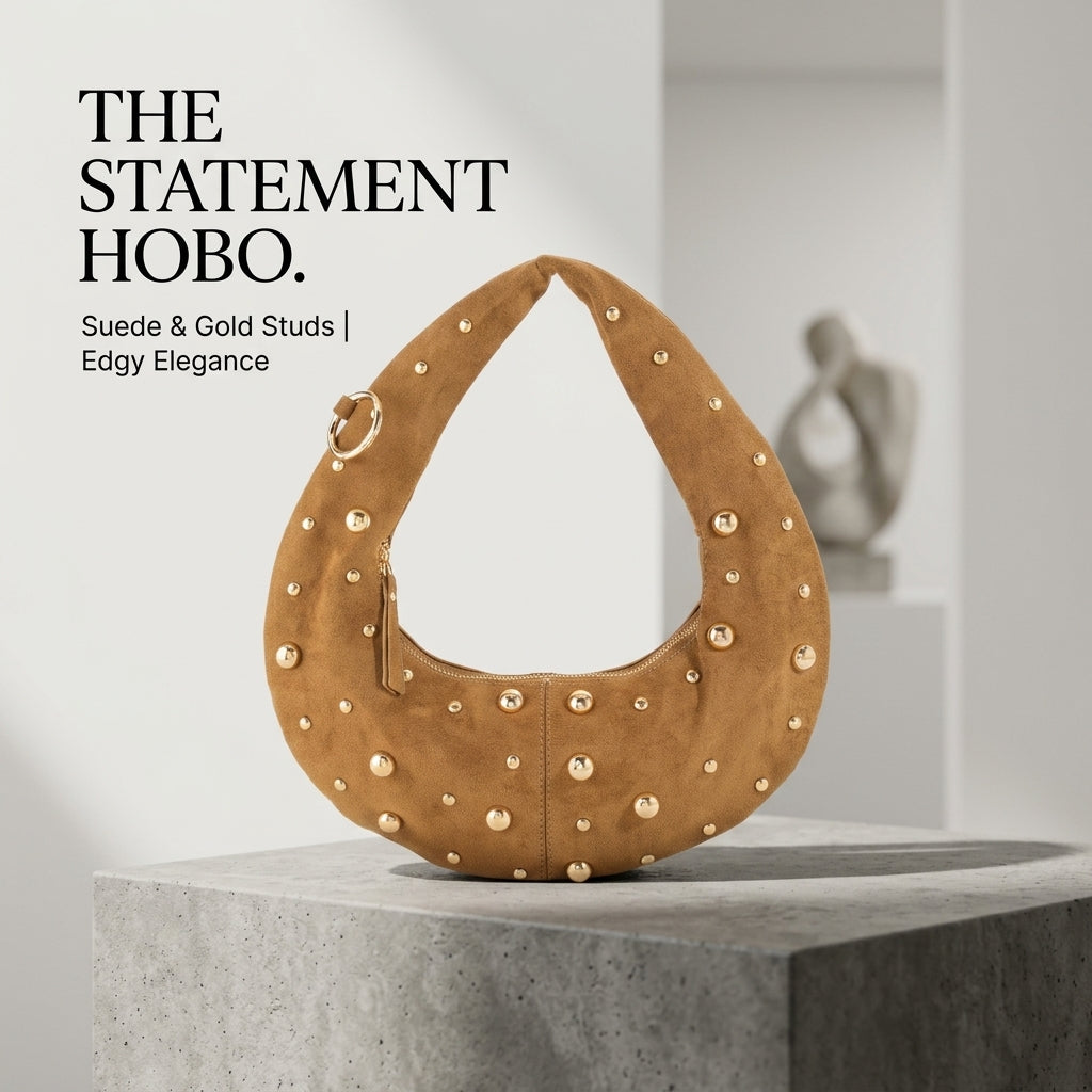 Fame Dome Studded Chrome Crescent Hand Bag Trendsi Handbag