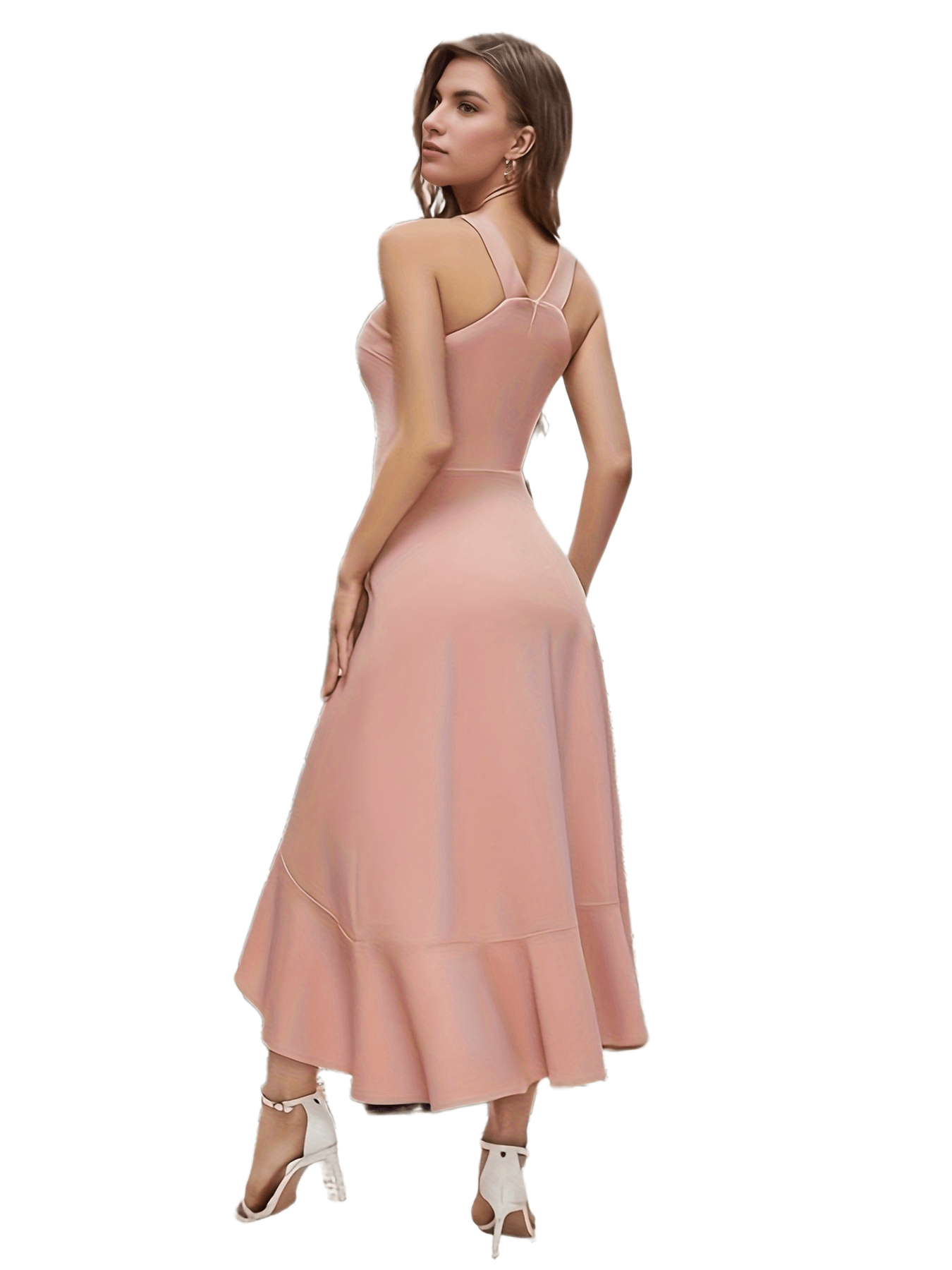 Asymmetric Wrap Ruffle Sleeveless V-Neck Bridesmaid Dress`