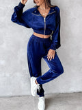 Zip Up Long Sleeve Cropped Top and Joggers Set Navy Bazaare Mart Zip Up Long Sleeve Cropped Top and Joggers Set