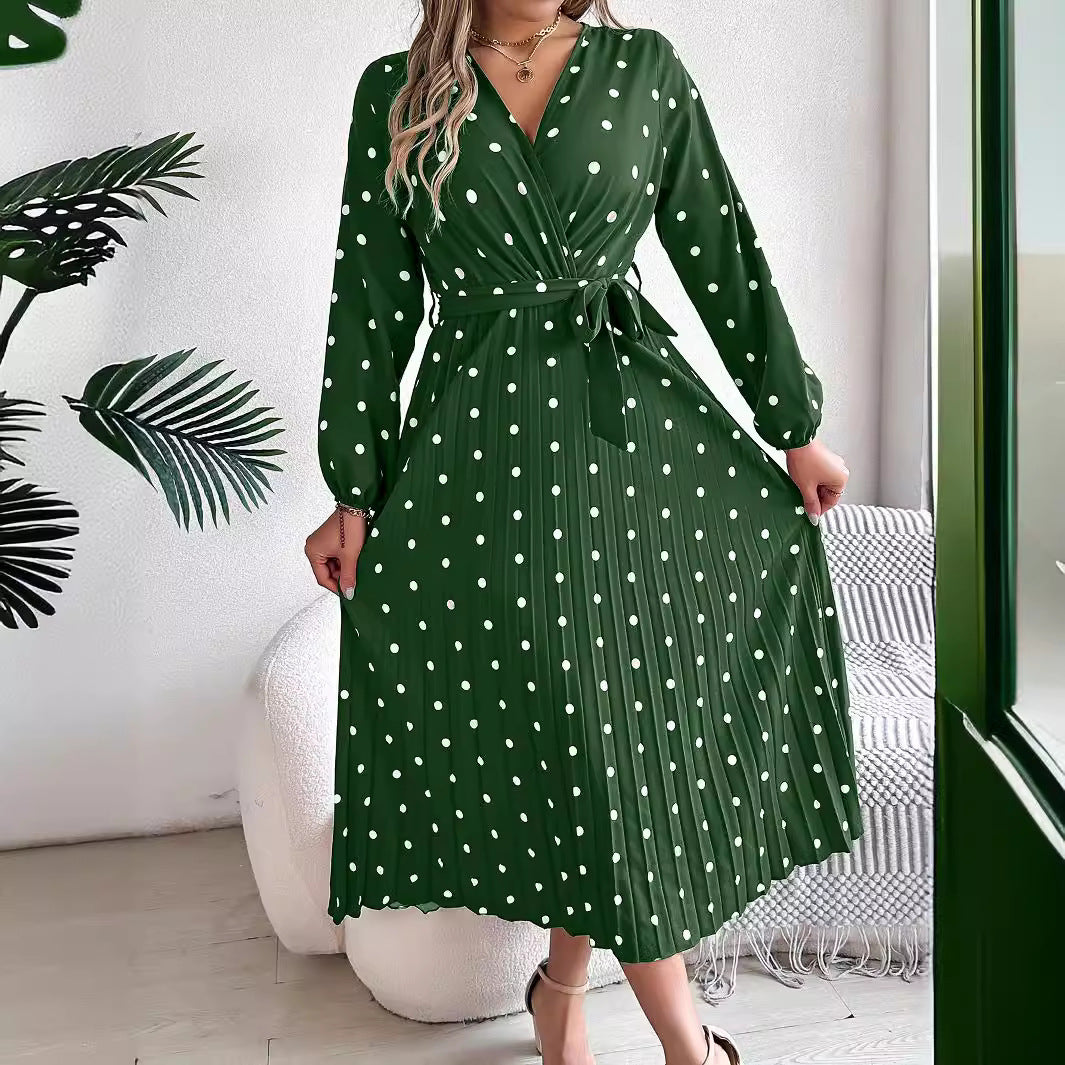 Elegant Polka Dot Pleated Maxi Dress – Cross V-Neck Long Sleeve Shirt Dress CJ Dropshipping Long Sleeve Polka Dot Midi Dress