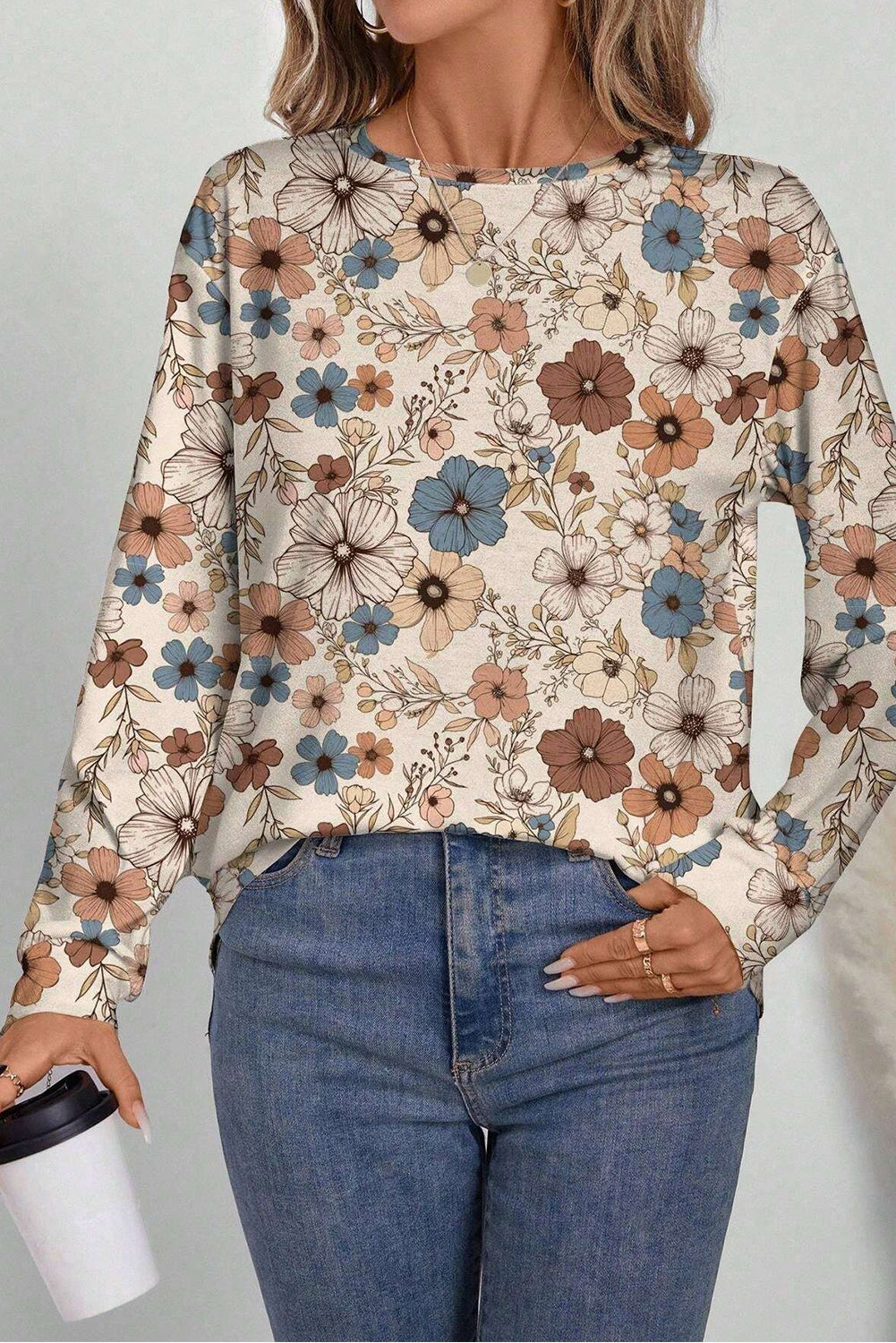Khaki Floral Print Long Sleeve T Shirt
