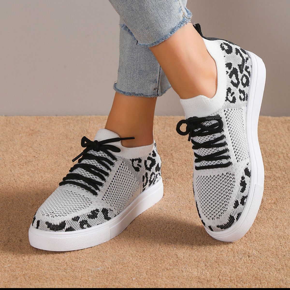 Leopard Flat Lace Up Sneakers