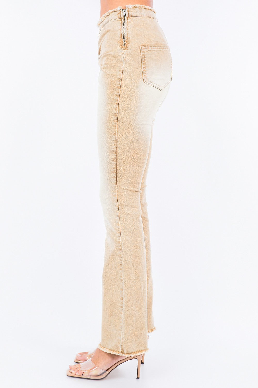 Distressed Beige V-Cut Ruched Flare Pants