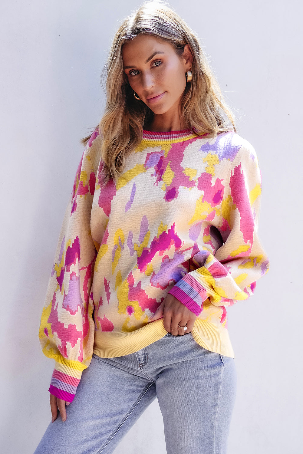 Colorful Abstract Balloon Sleeve Sweater