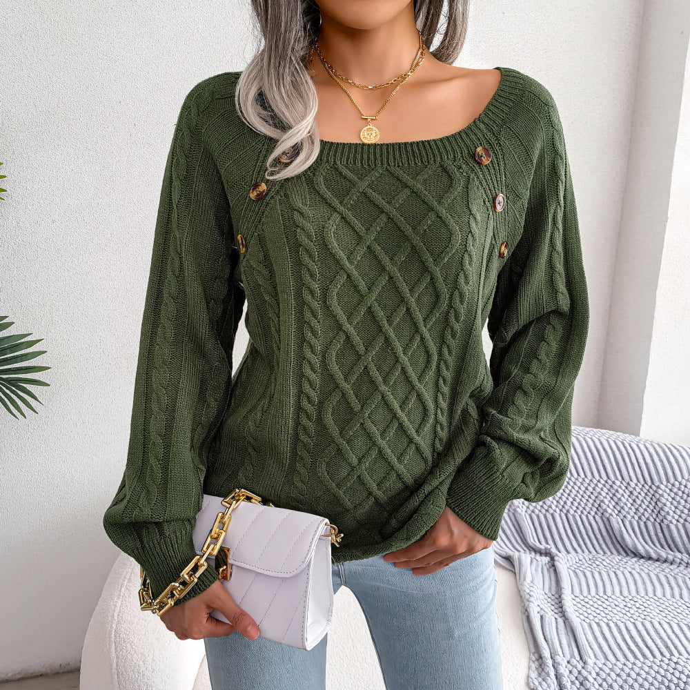 Boat Neck Button Embellished Twist Knit Sweater