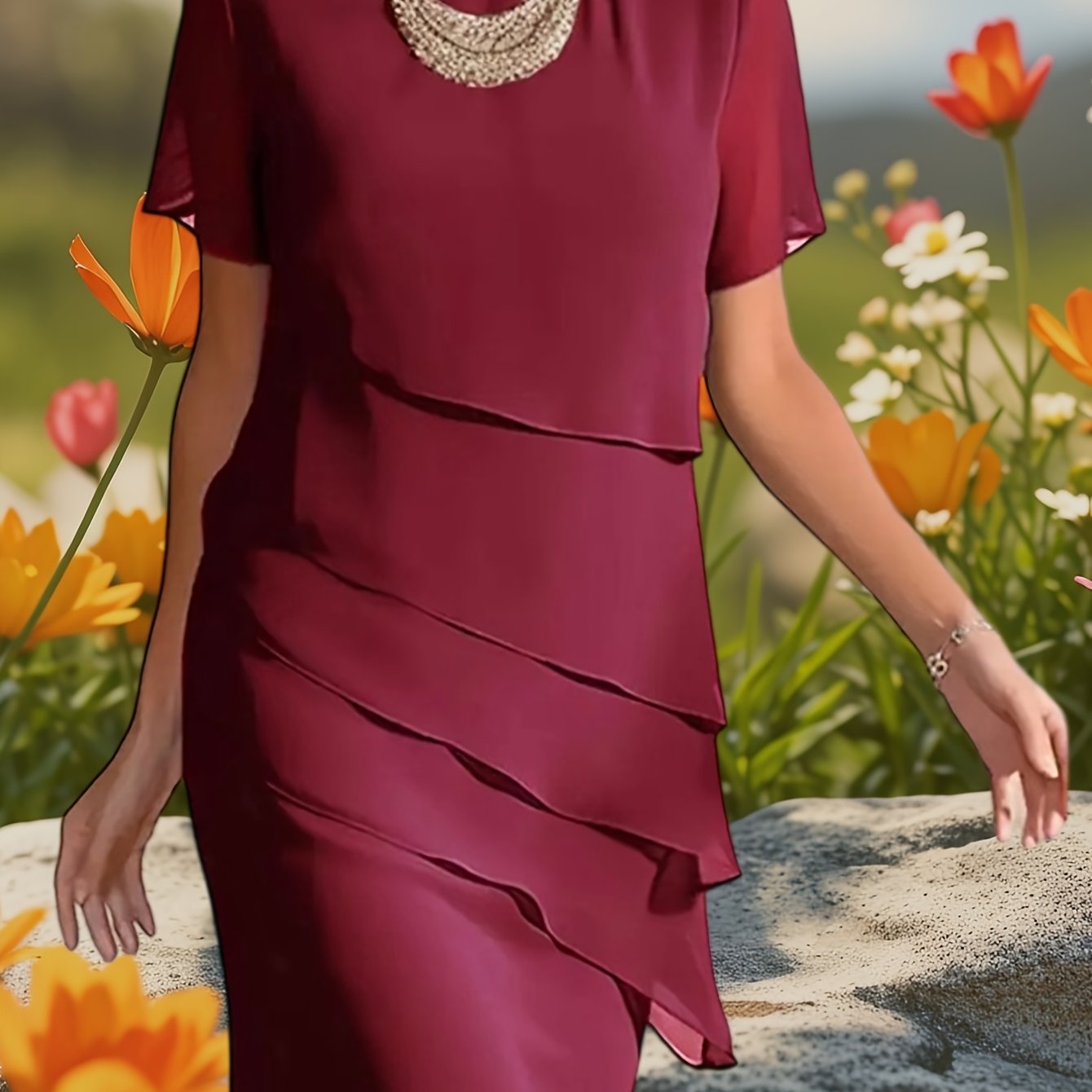 Short Sleeve Layered Slim Fit Chiffon Dress