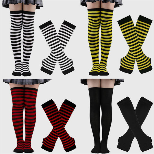 Striped Fingerless Full Arm Gloves and Matching Thigh High Socks