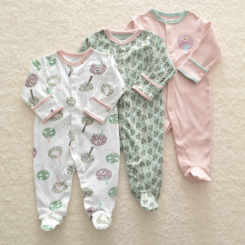 Baby Pink & Green Trees Light Weight Footed PJs 3pk