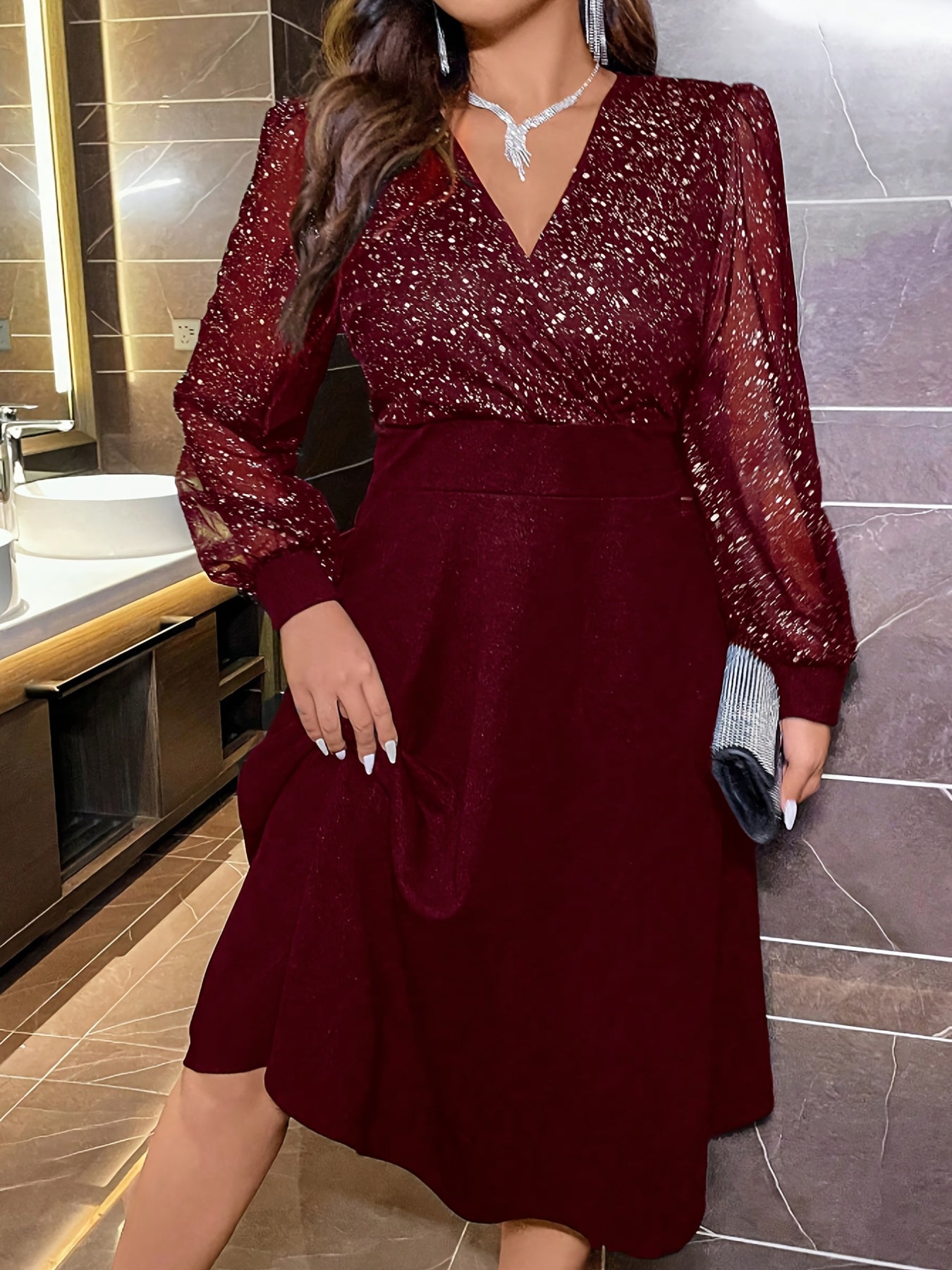 Burgundy Sparkling Sequin V-Neck Bell Sleeve Dress