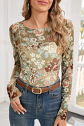 Green Floral Print Mesh Long Sleeve Top Green 95%Polyester+5%Elastane Shewin Long Sleeve Tops