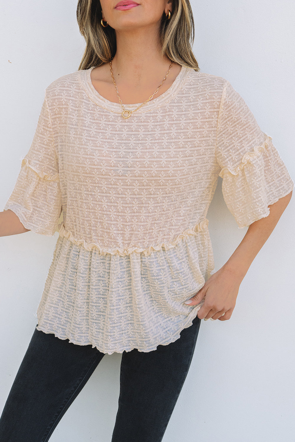 Lacy Beige Textured Ruffled Half Sleeve Blouse