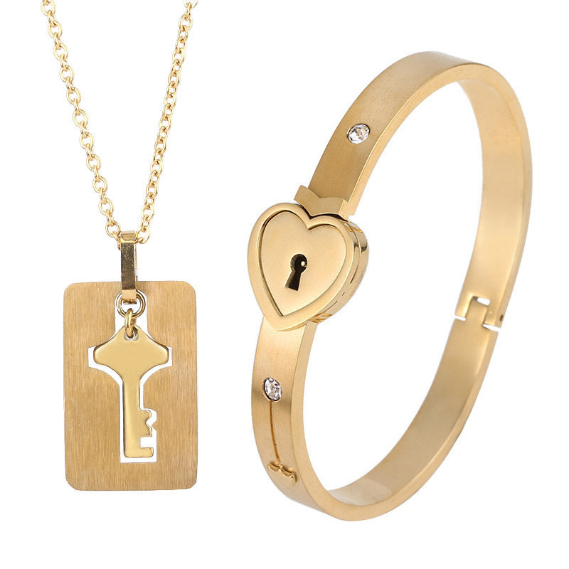 Couple's Love Lock Bracelet & Key Necklace Set