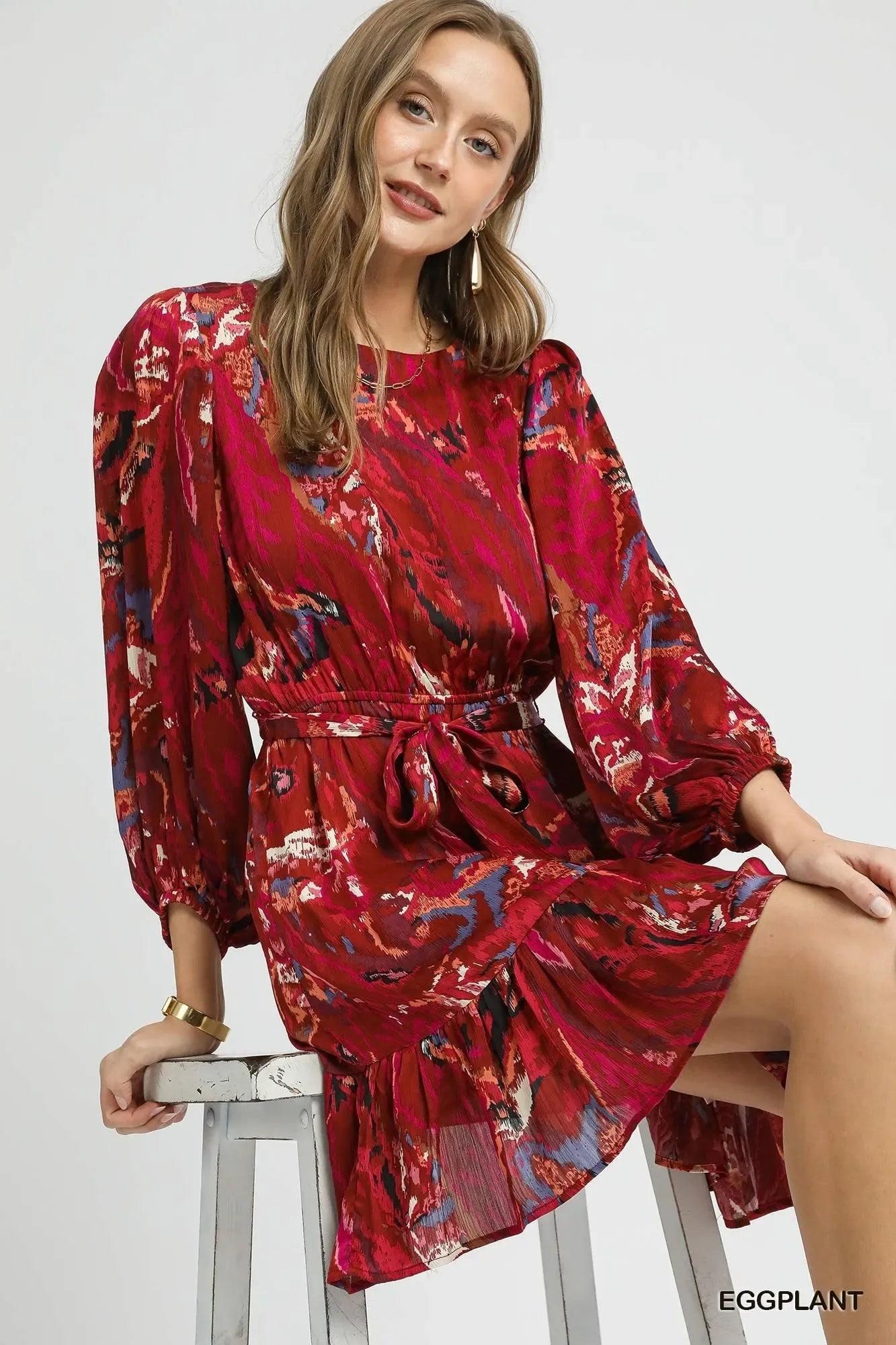 Umgee Red Ruffled Hem Printed Balloon Sleeve Dress Bazaare Mart Red Ruffled Mini Dress