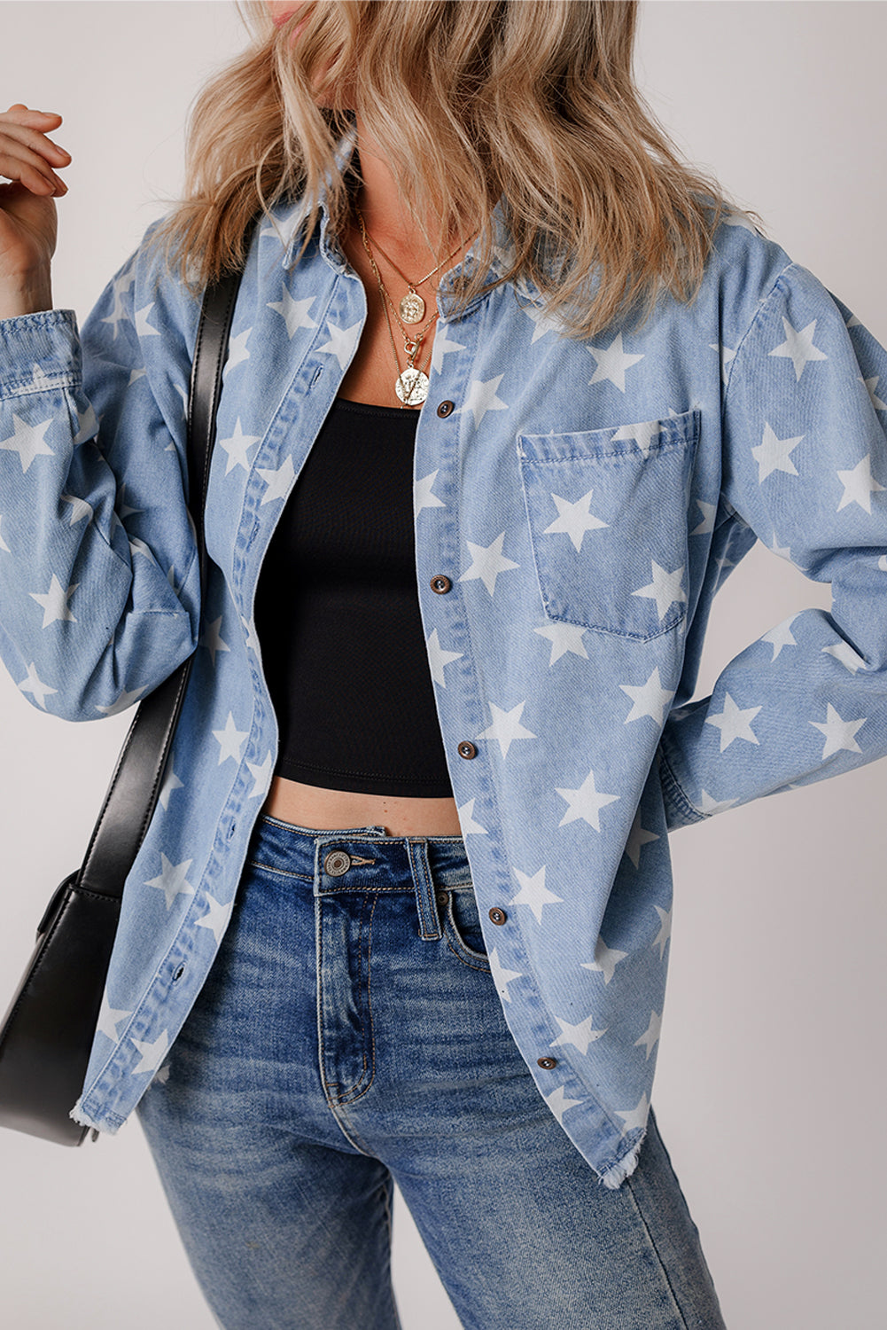 Blue Star Light Wash Raw Hem Denim Jacket