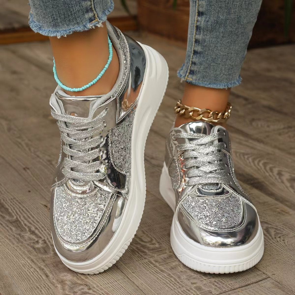 Glittery Round Toe Platform Sneakers