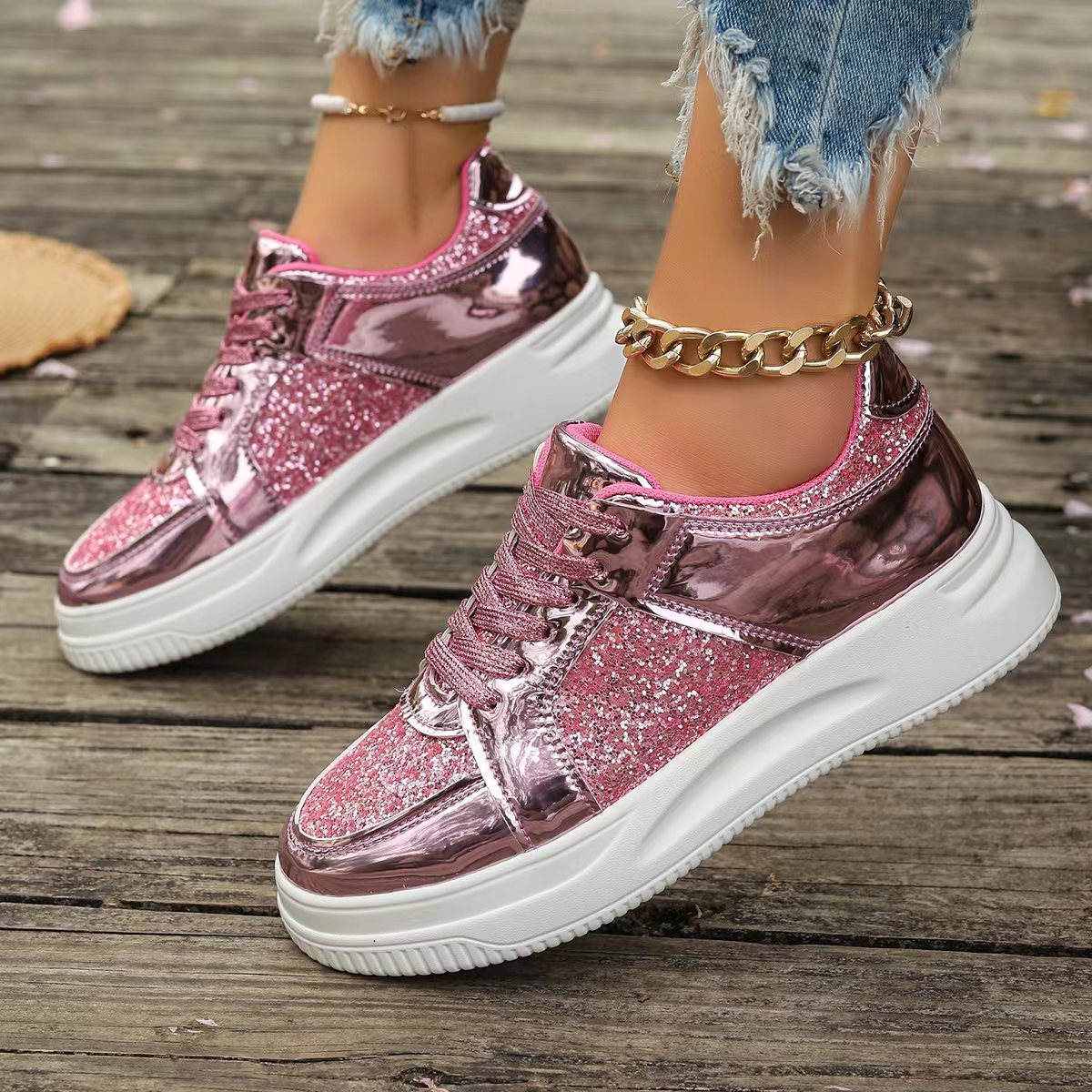 Glittery Round Toe Platform Sneakers