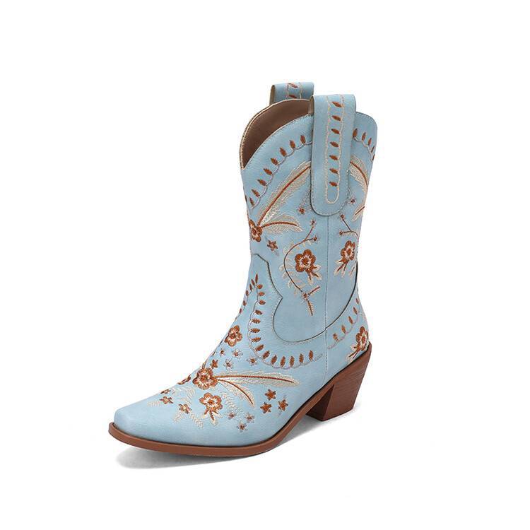 Chunky Heel Embroidered Knee-High Cowboy Boots – Women’s Square Toe Western Boots Blue CJ Dropshipping Embroidered Denim Boots