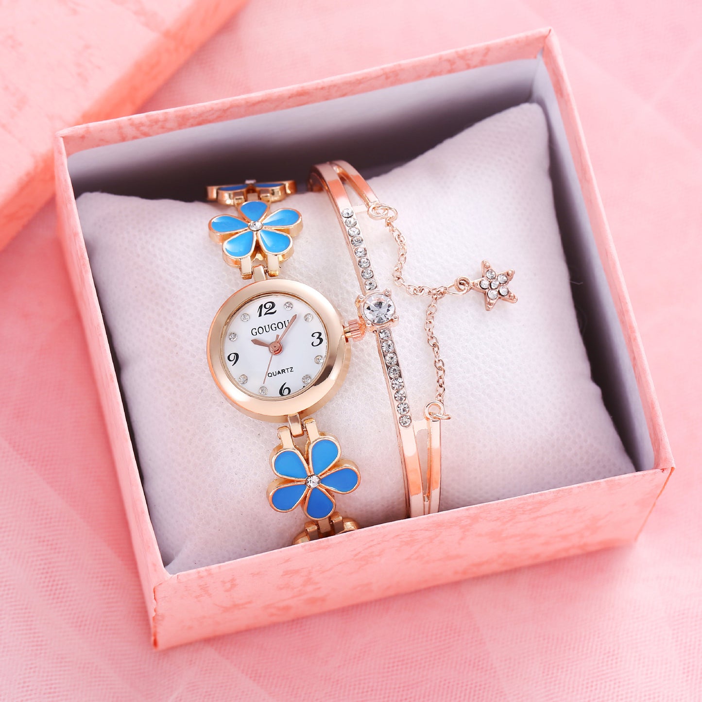 Ladies Flower Quartz Watch Bracelet Set