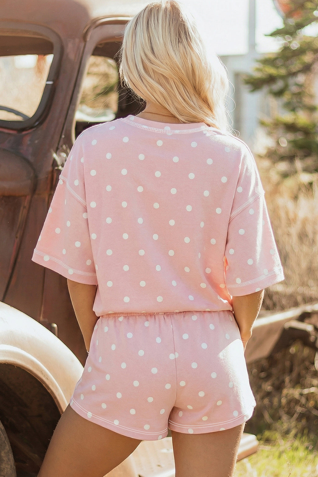 Women’s Polka Dot Shorts Set – Exposed Seam Tee & Drawstring Shorts Outfit Dear-Lover Dropshipping Two Piece Sets/Short Sets