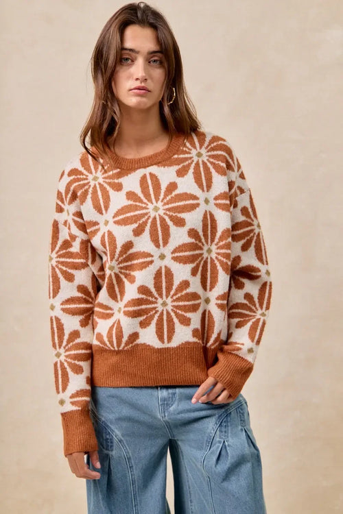 BiBi Flower Pattern Long Sleeve Sweater Trendsi BiBi Flower Pattern Long Sleeve Sweater