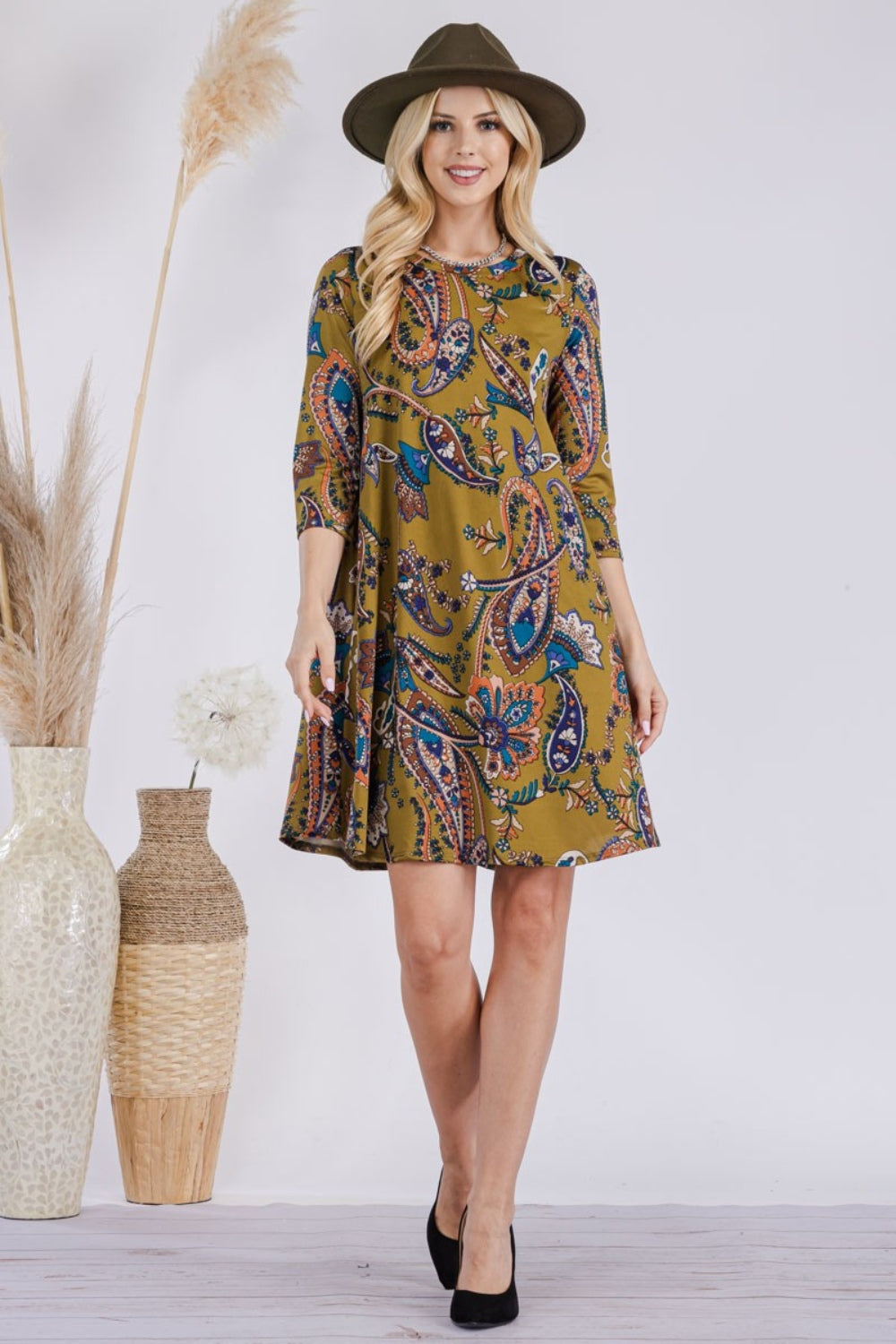 Paisley Print 3/4 Sleeve Dress with Pockets