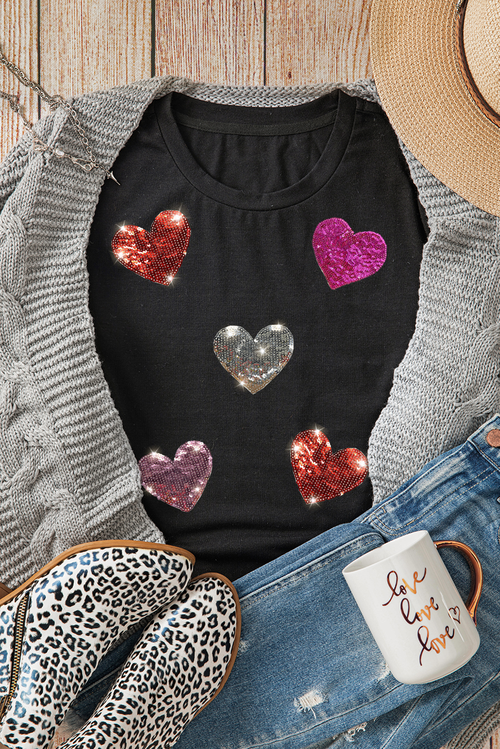 Black Sequin Heart Patch Tee