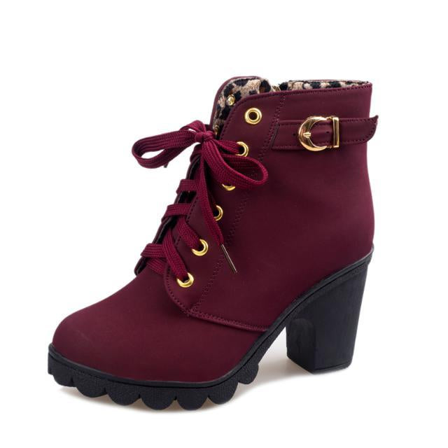 Burgundy Chunky Heel Lace-Up Booties