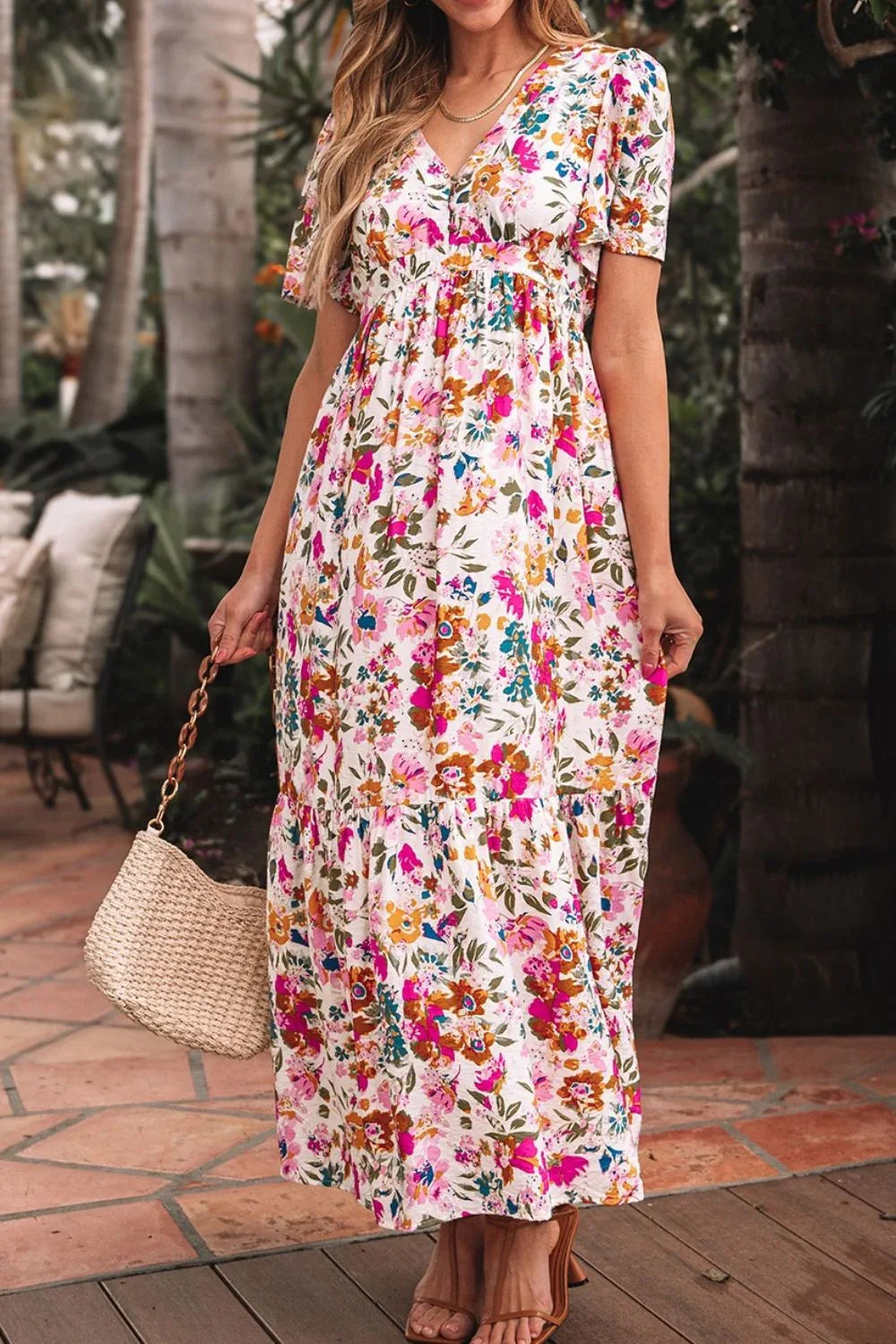 Floral Puff Sleeve Midi Dress with Pockets Bazaare Mart Floral Midi Dress