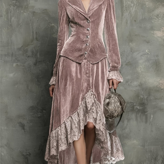 Vintage Velvet and Lace High Low Skirt Suit