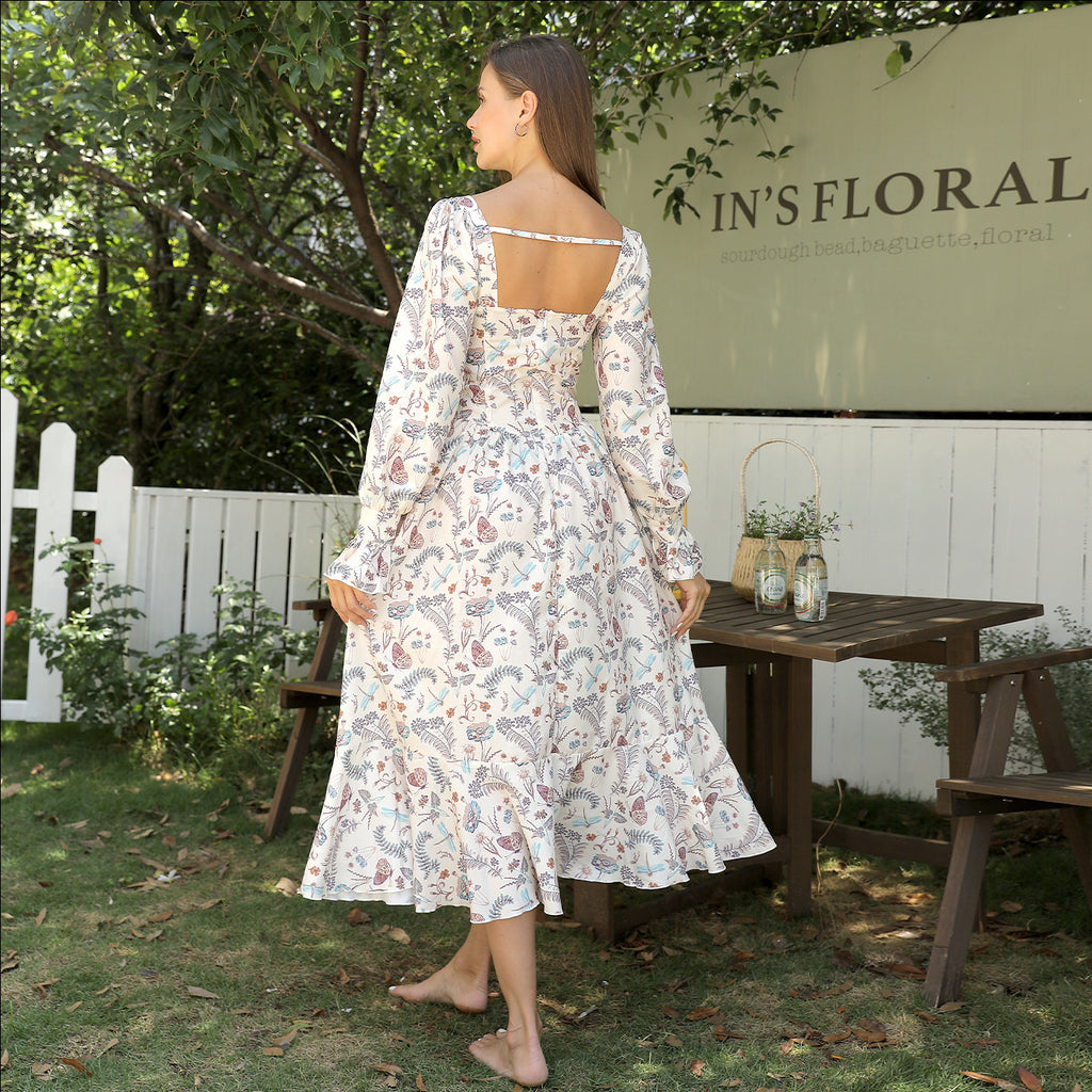 Floral Sweetheart Neck Long Puff Ruffle Sleeve Midi Dress