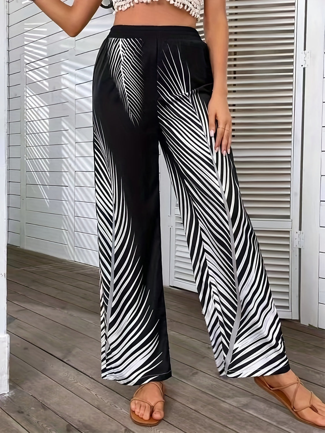 Feather Print Wide Leg Pants