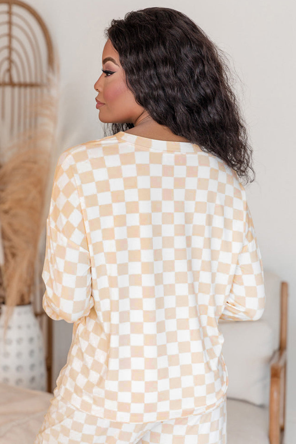 Checkered Long Sleeve Top and Pants Lounge Set