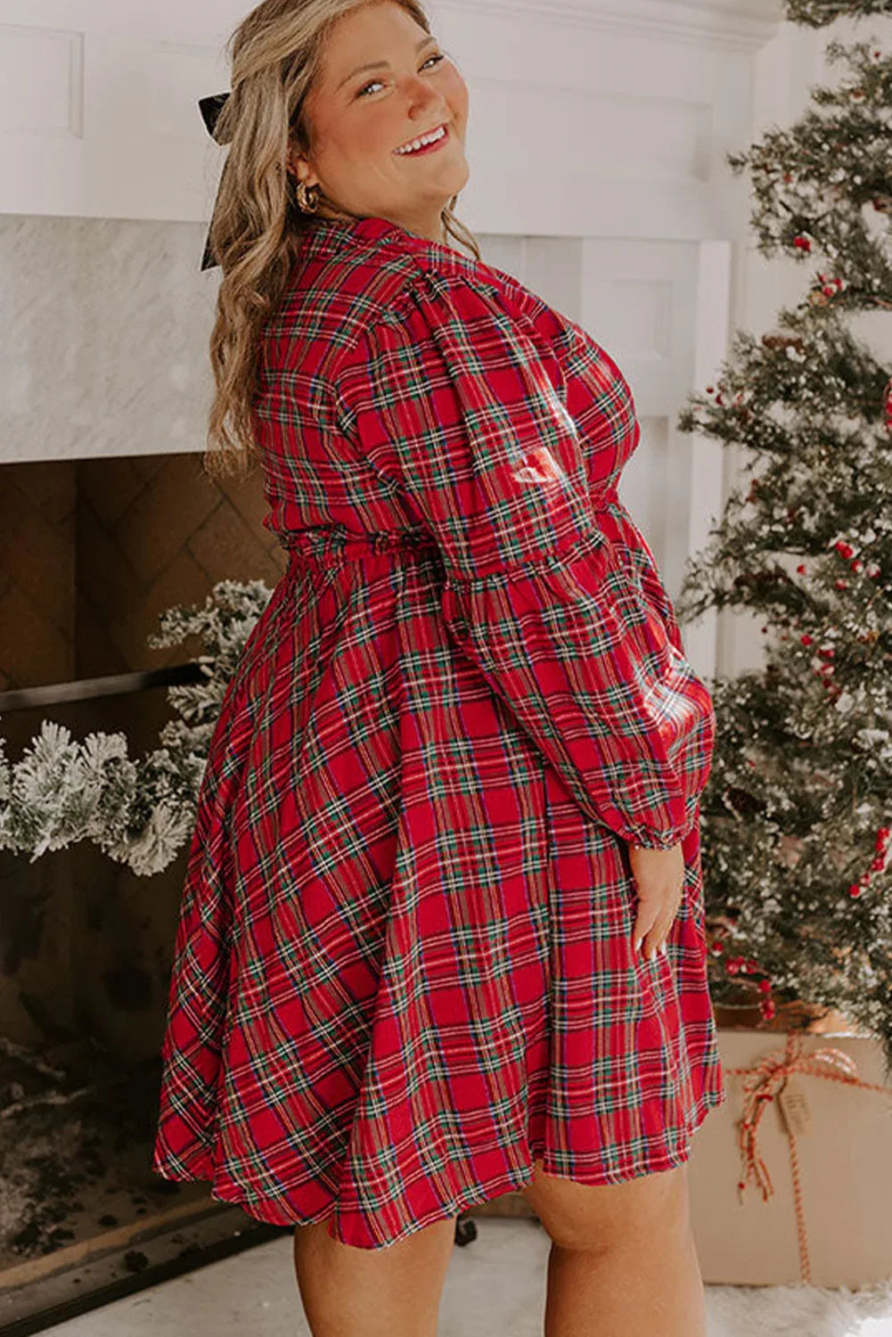 Red Plaid Half Button Long Sleeve Dress Bazaarre Mart Plus Size/Plus Size Dresses/Plus Size Mini Dresses