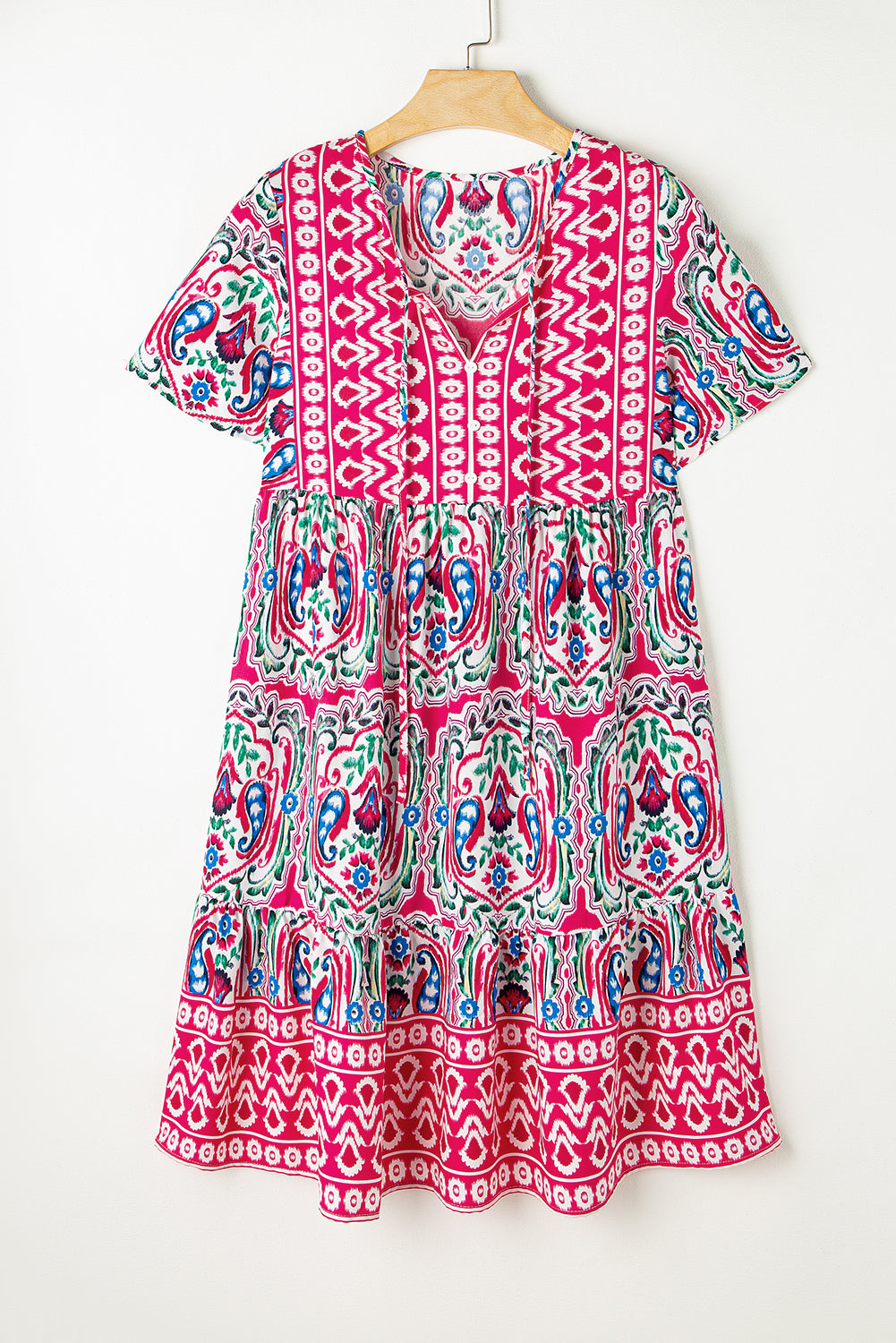 Pink Short Sleeve Bohemian Print Dress