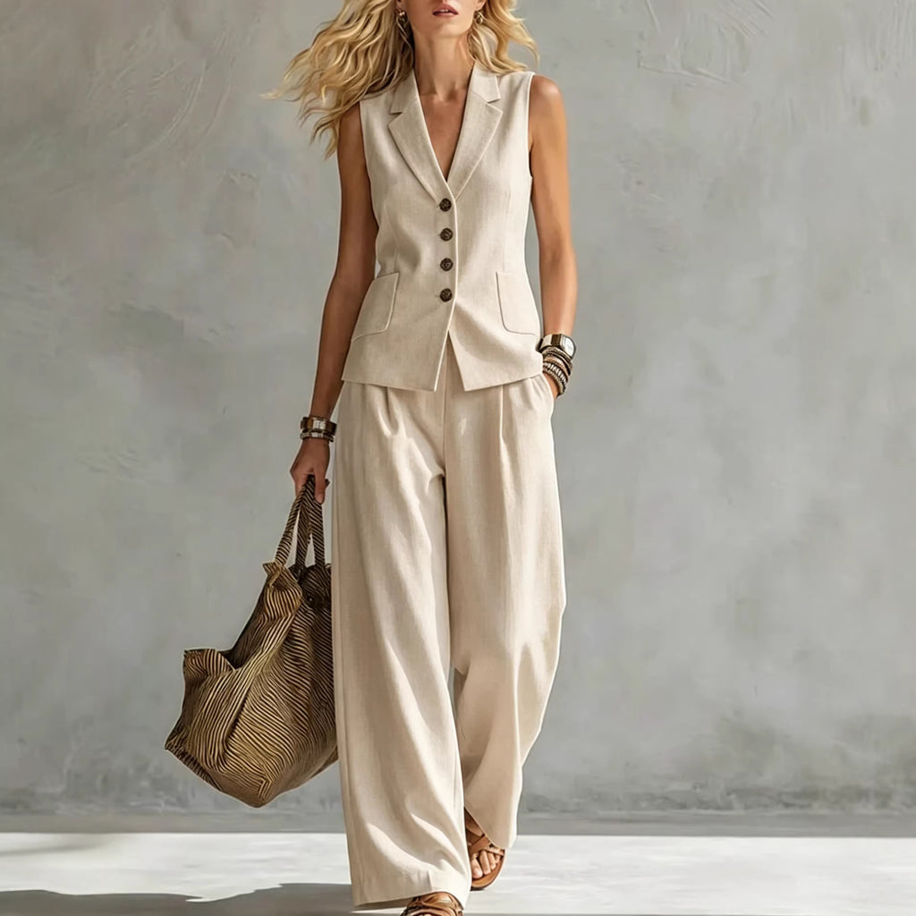 Women’s Sleeveless Linen Tank & Wide Leg Pants Set – Casual 2-Piece Summer Outfit CJ Dropshipping Vest and Pants Set