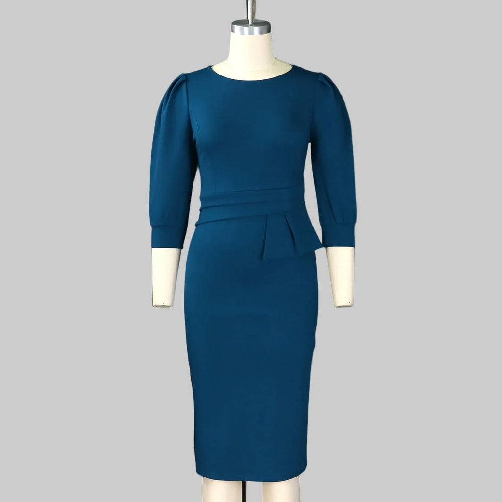 Round Neck Puff 3/4 Sleeve Peplum Dress Bazaare Mart Office Dress