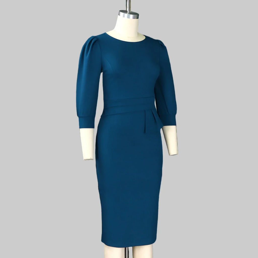Round Neck Puff 3/4 Sleeve Peplum Dress Bazaare Mart Office Dress