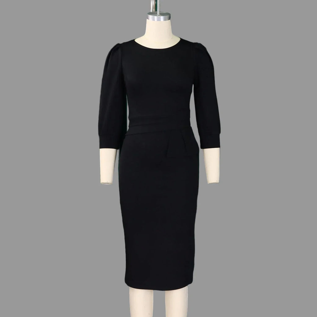 Round Neck Puff 3/4 Sleeve Peplum Dress Bazaare Mart Office Dress