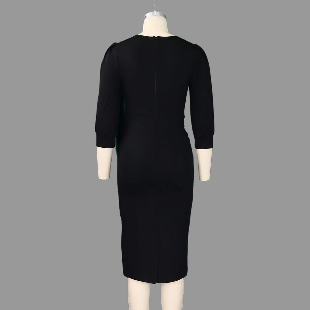 Round Neck Puff 3/4 Sleeve Peplum Dress Bazaare Mart Office Dress