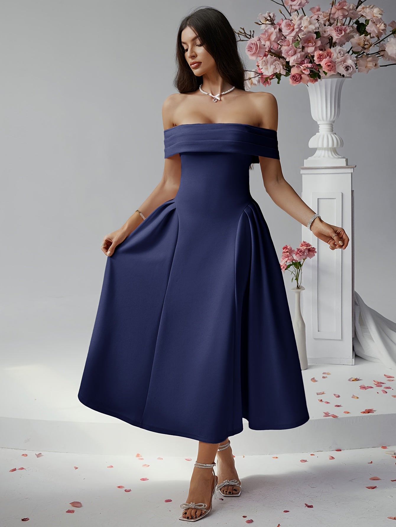 Elegant Pure Color High Waist Off Shoulder Midi Dress