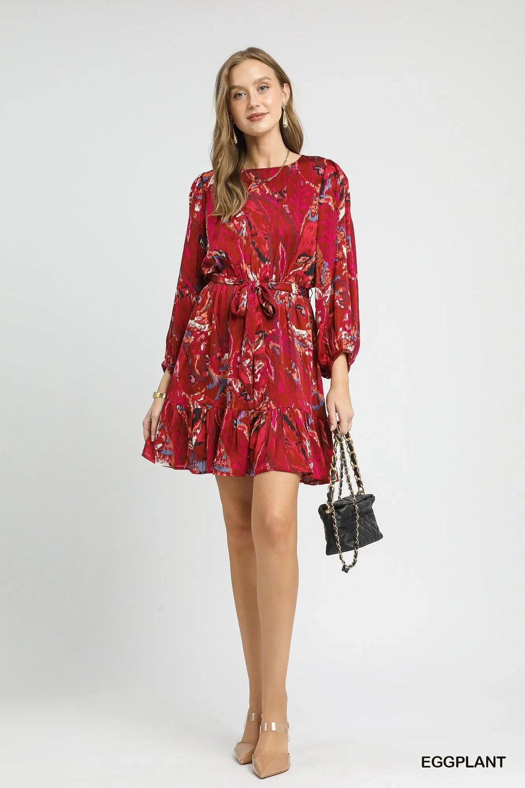 Umgee Red Ruffled Hem Printed Balloon Sleeve Dress Bazaare Mart Red Ruffled Mini Dress