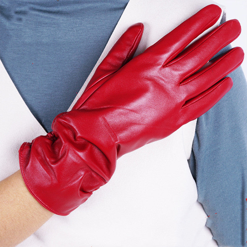 Women Winter Red Leather Gloves