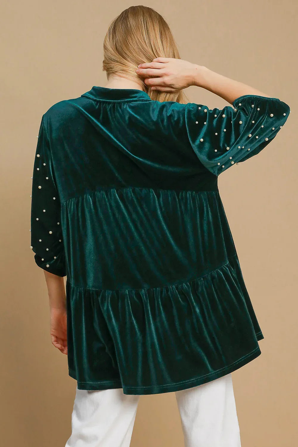 Umgee Pearl Detail Half Sleeve Green Velvet Blouse Bazarre Mart Pearl Detail Half Sleeve Velvet Blouse