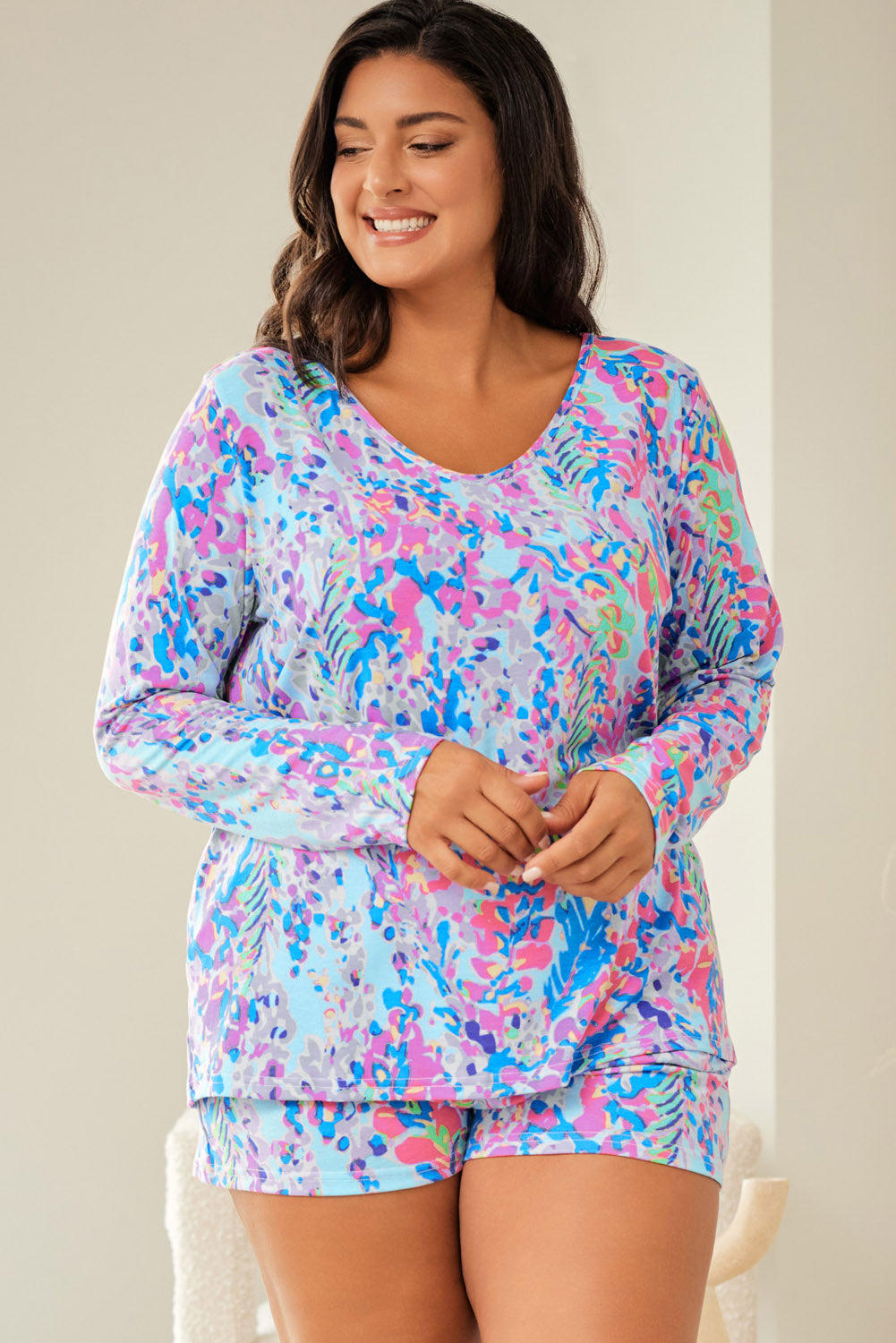 Multicolor Printed 3/4 Sleeve Split Neck Plus Size Tunic Top