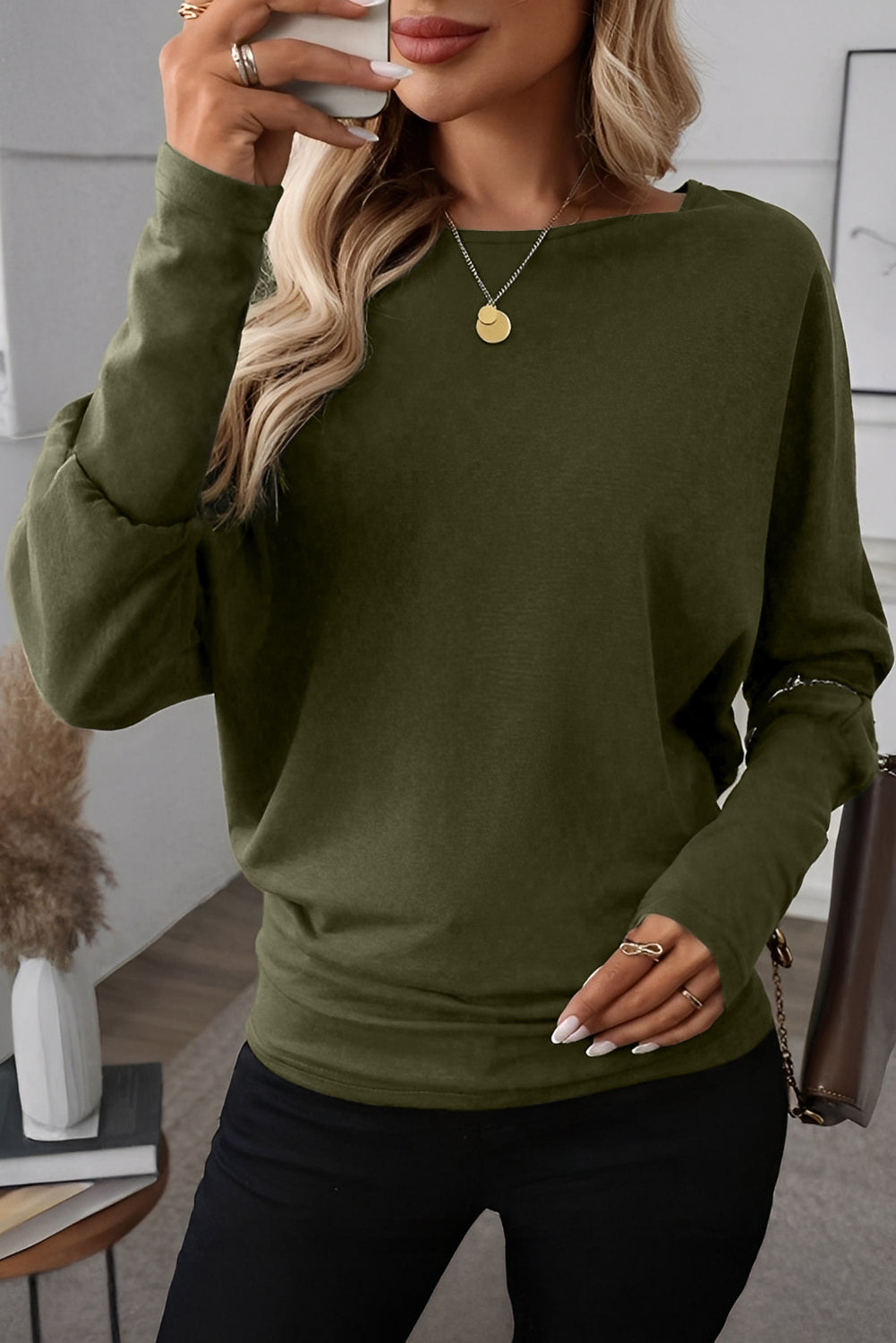 Forest Green Round Neck Long Dolman Sleeve Top