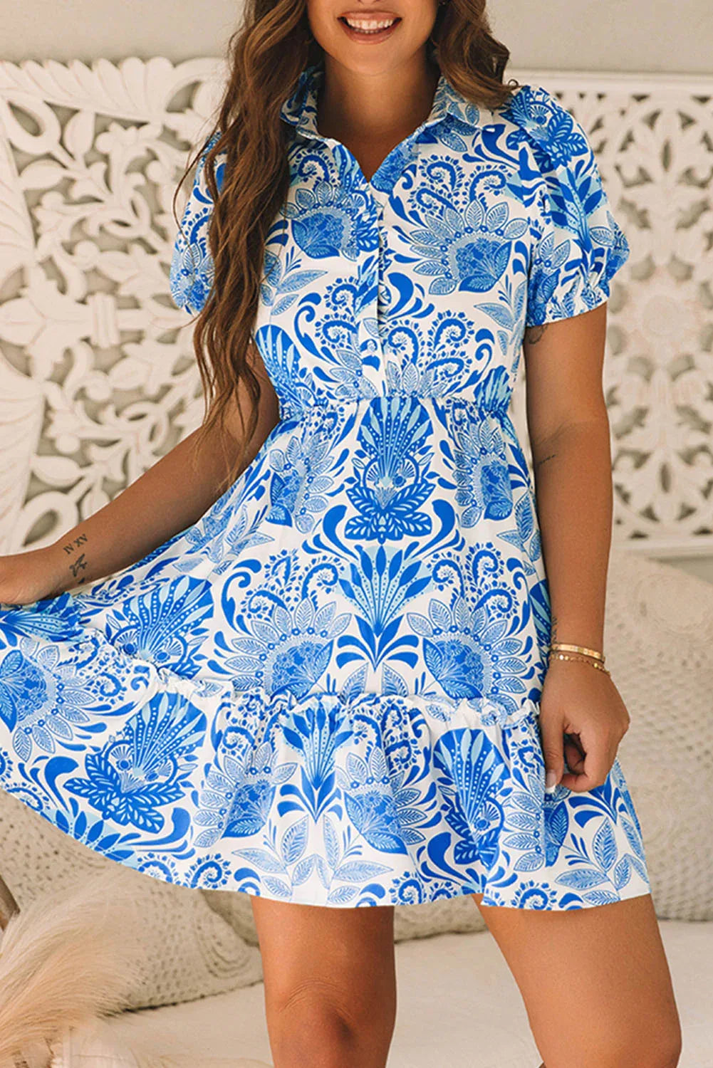 Retro Blue Floral Ruffled Mini Dress Bazaare Mart Dresses/Floral Dresses