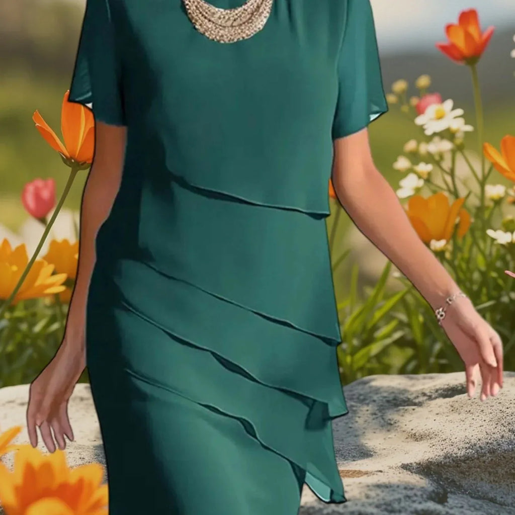 Round Neck Half Sleeve Layered Chiffon Dress Dark Green Bazaare Mart Short Sleeve Dress