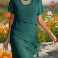 Round Neck Half Sleeve Layered Chiffon Dress Dark Green Bazaare Mart Short Sleeve Dress